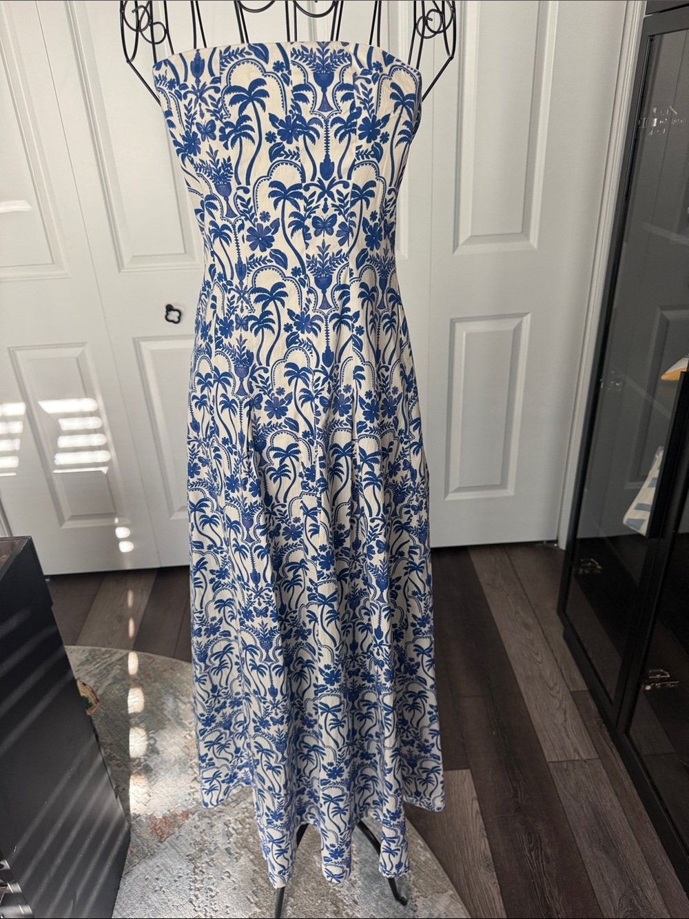 7 For All Mankind White Strapless Maxi Dress with Blue Botanical Print